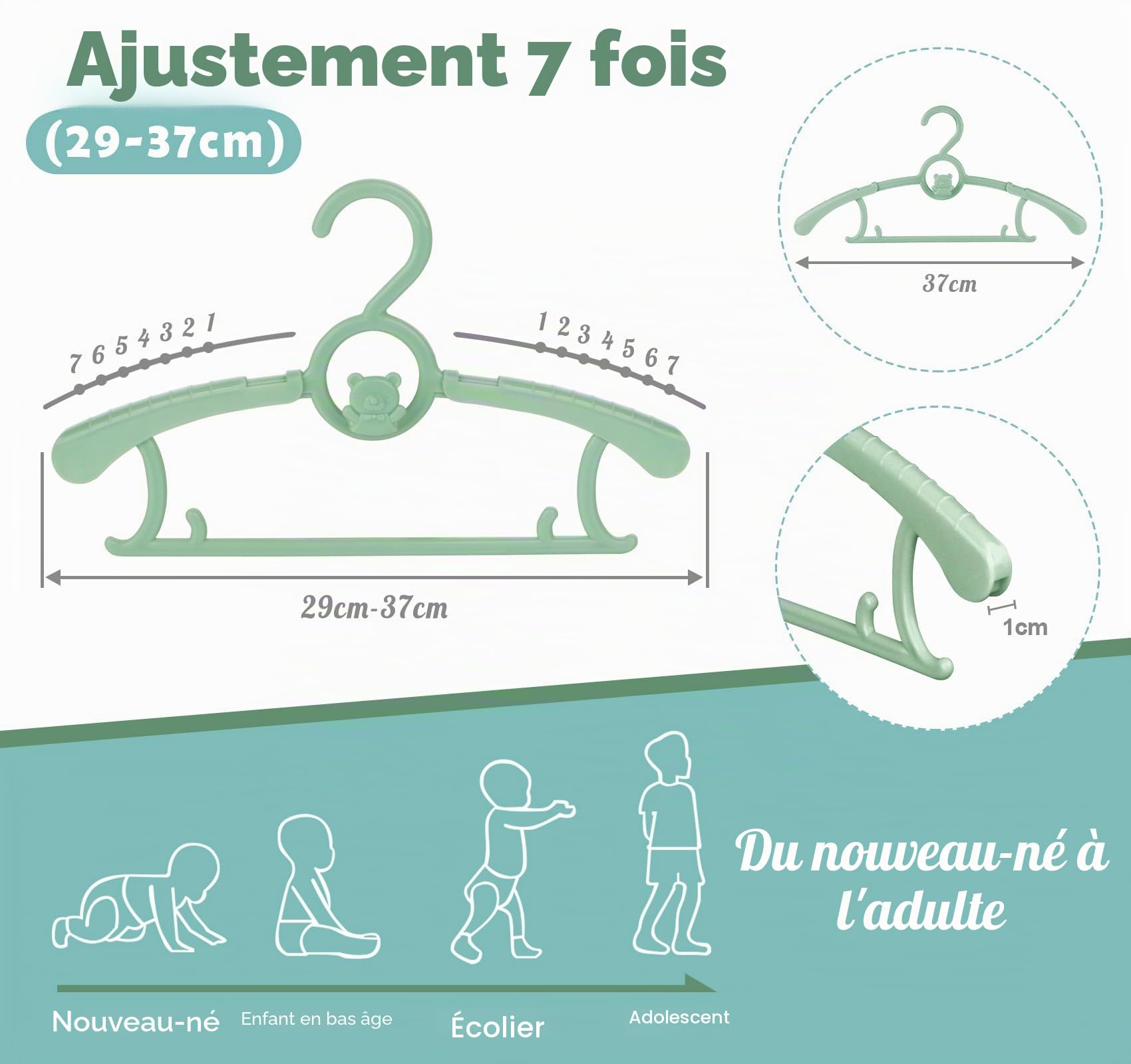Anstore 20 Cintres en Plastique pour Enfants, 29-37cm Cintres Extensibles pour Bébé avec Crochets Empilables, Cintres Enfant pour économiser de l'espace, Antidérapants Cintres pour Vêtements (Vert)