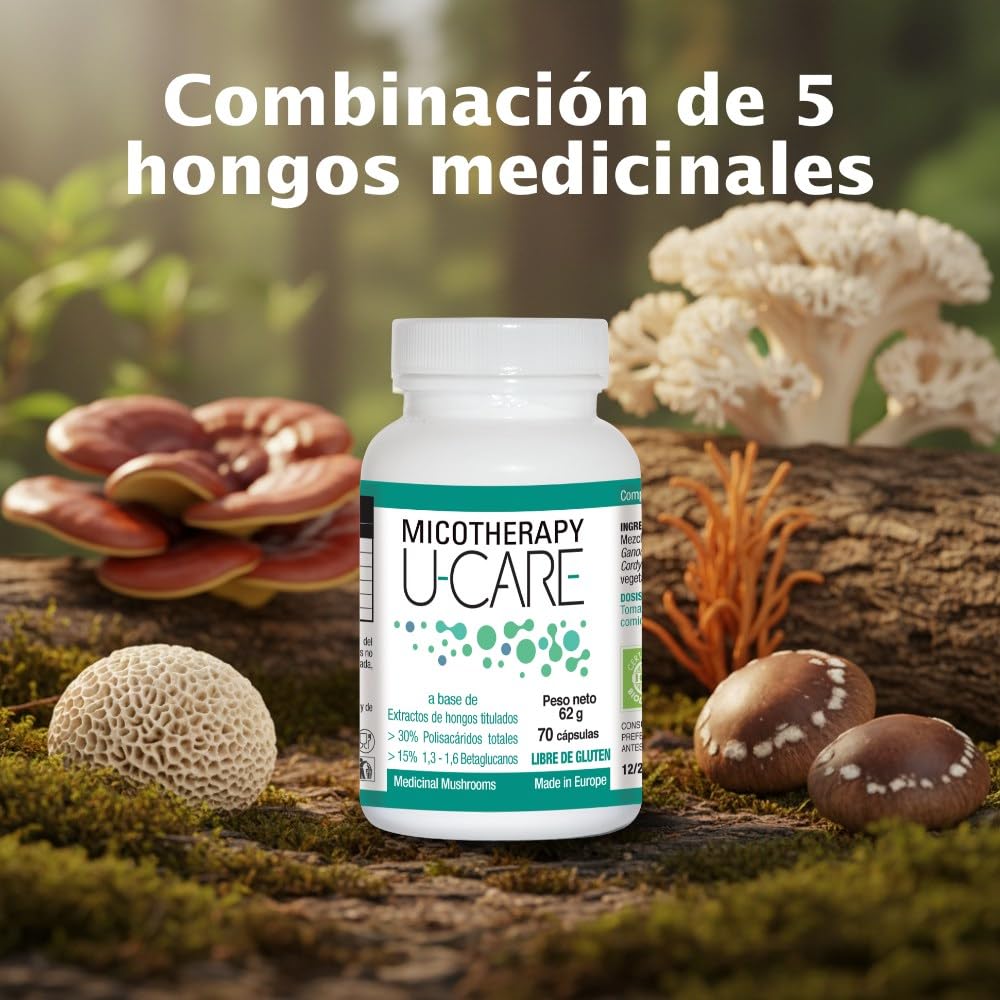MICOTHERAPY U-Care Mushroom Complex 5 Hongos Medicinales Reishi, Maitake, Agaricus Blazei, Cordyceps y Shiitake para el Sistema Inmunológico, la Energía, la Memoria 70 Cápsulas Sin Glúten