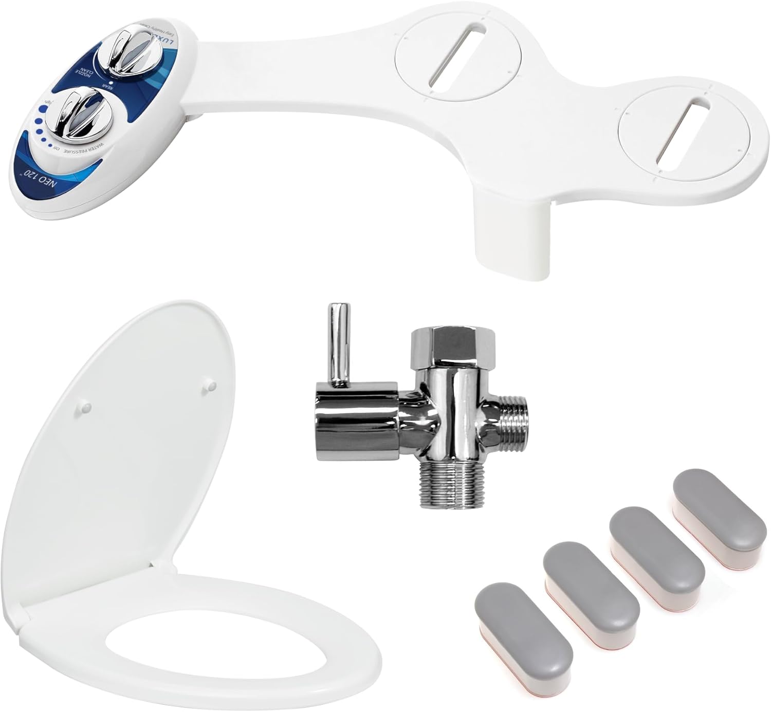 LUXE Bidet NEO 120 Blue Ultimate Upgrade Bundle - Self-Cleaning Non-Electric Bidet Attachment, Comfort Fit Elongated Toilet Seat, Shutoff Valve T-Adapter, and Toilet Seat Bumpers