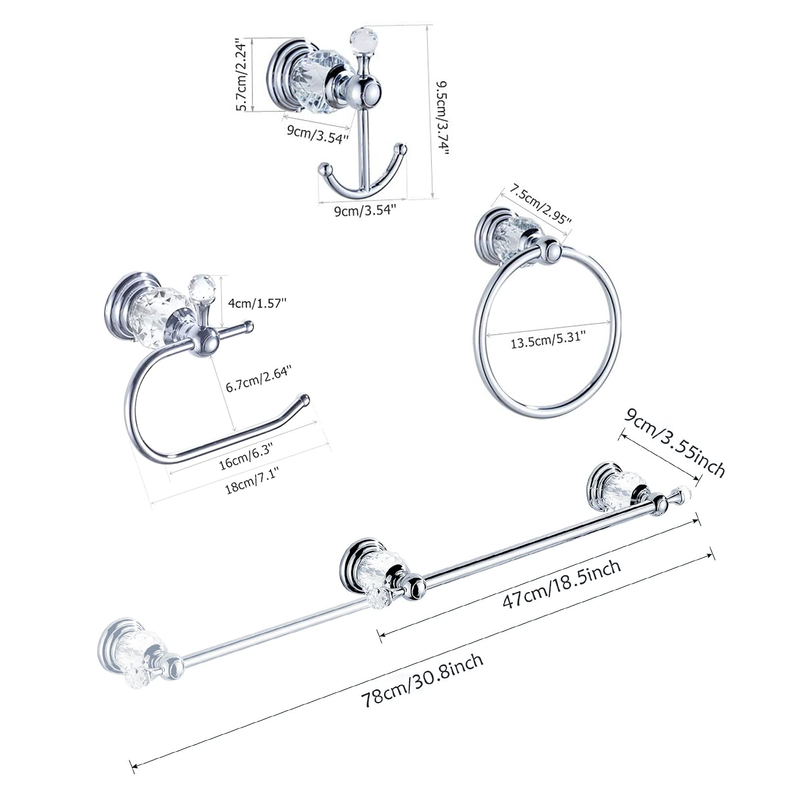 WOLIBEER Kristall-Badezimmer-Zubehör, Chrom, 61 cm, Handtuchstangen-Set, poliertes Messing, Toilettenpapierhalter, Handtuchring, Kleiderhaken, Badezimmer-Hardware, 4 Stück, Wandmontage