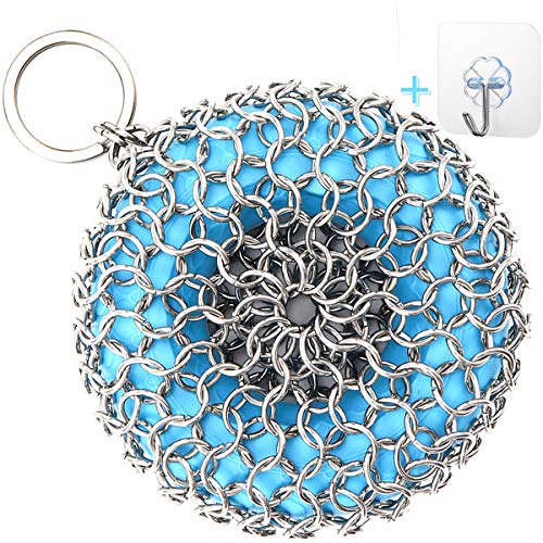 BigBokBasics Cast Iron Skillet Cleaner Chainmail Scrubber Silicone Core Dishwasher Safe (Blue)