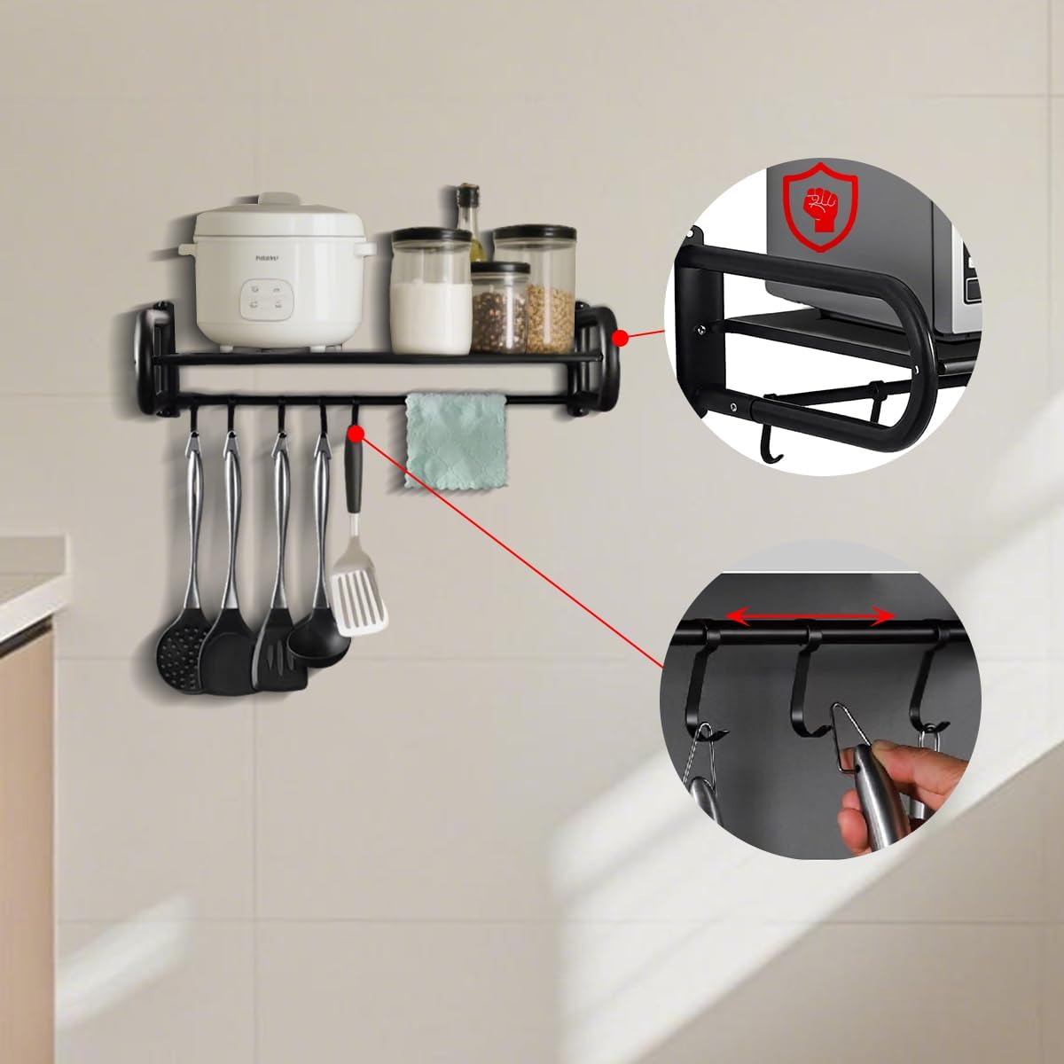 Microwave Shelf Wall Mount,Microwave Wall Shelf with 5 Hooks and 2 Guardrails Wall-Mounted, For Small Microwave to Load Capacity 30kg for Home Kitchen Laundry and Living Room