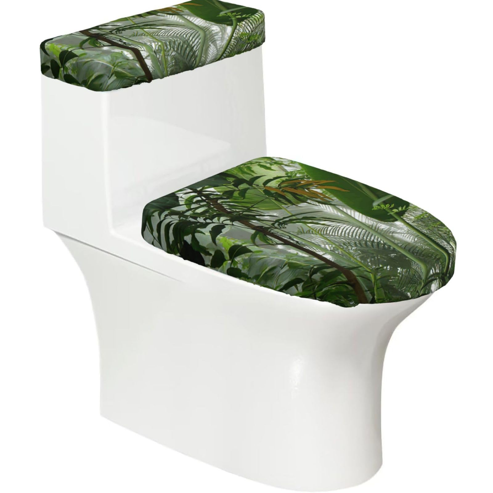 Yqxwjl Black Tropical Rainforest Jungle Scene Print 2-Piece Stretch Toilet Cover Set, Elastic Breathable Toilet Seat And Tank Lid Protector