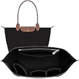 Longchamp Purse Organizer Insert Compatible with Le Pliage Large Tote Handbags, Felt Zipper Bag Organizer Insert with Cup Holder, 8 Compartments, Custom Divider (Black,L)
