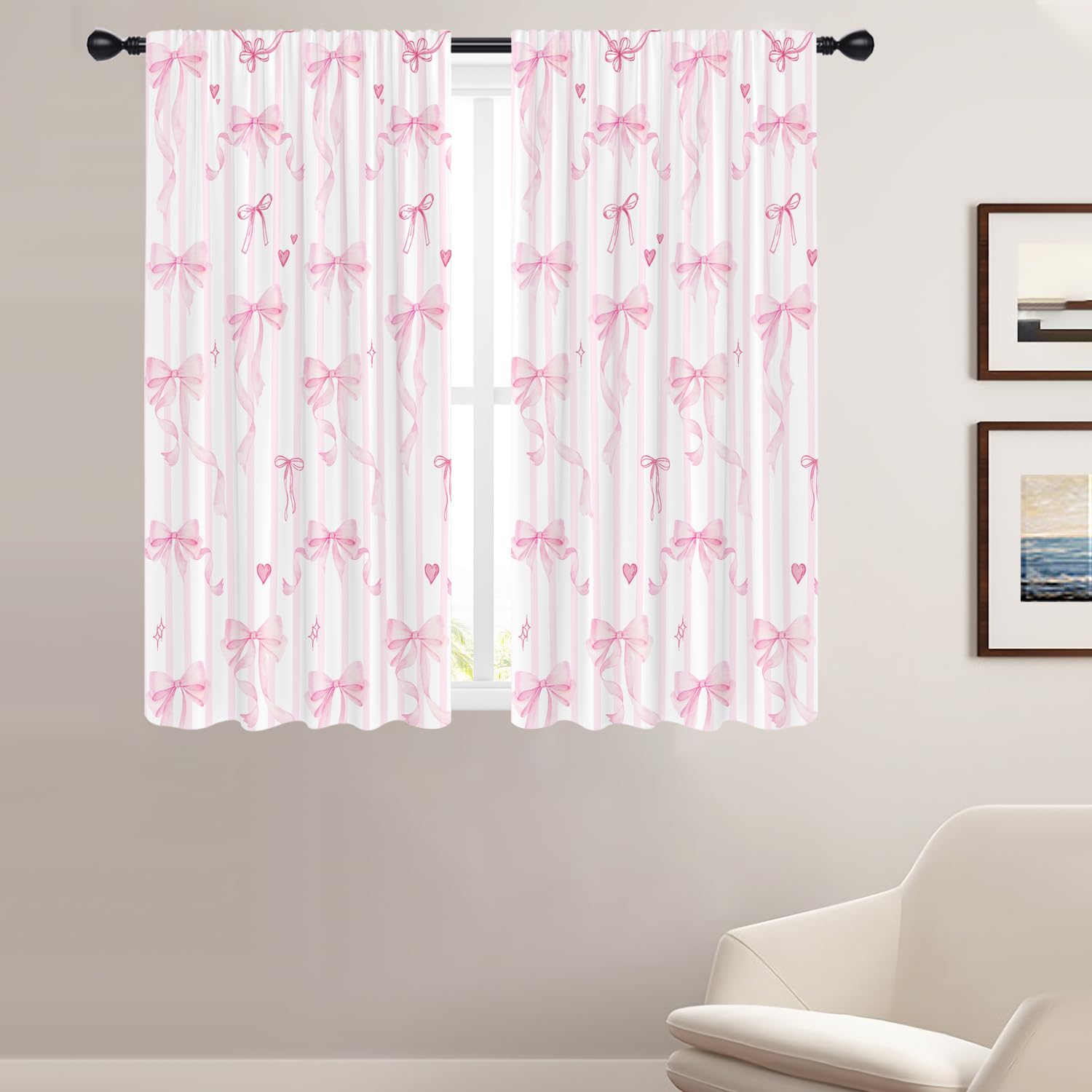 Coxila Pink Bow Window Curtains for Bedroom 42 x 63 Inch Rod Pocket Cute Girls Girly Kids White Blush Preppy Princess Kawaii Pastel Aesthetic Home