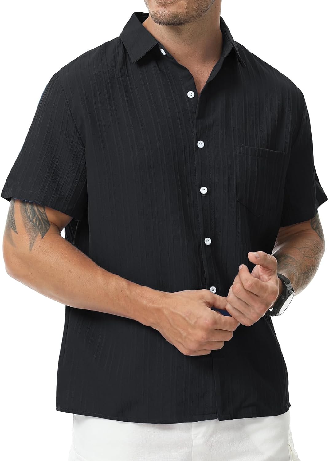 Mens Casual Short Sleeve Shirt Relaxed Button Down Summer Vacation Beach Textured Lightweight Wrinkle Free Shirt - Image 6