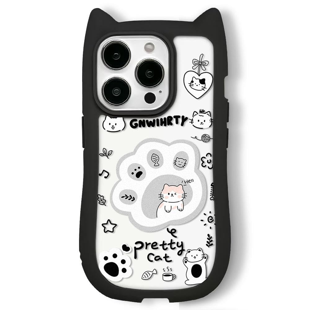LUCKCOF ケース For iPhone 17 可愛い猫 猫耳 おしゃれ 漫画 韓国 動物柄 シリコン ソフト 衝撃吸収 落下防止 アイフォン 17 專用スマホ ケース カバー 薄型 特製スマホケース レンズ保護 スレ傷防止 女子力 ファッションクリエイティブかわいい かわいい携帯電話ケース(黒)