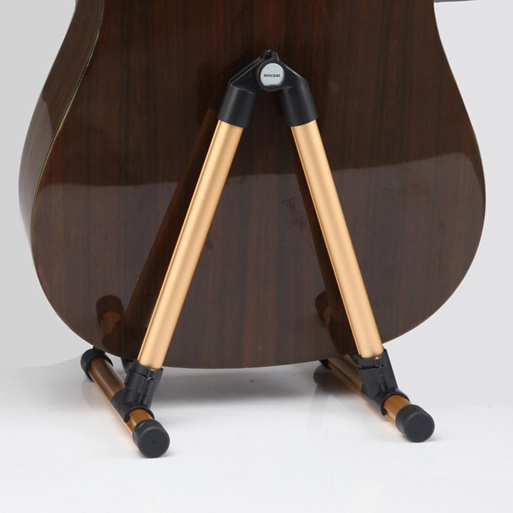 Rocsai A-frame Universal Folding Guitar Stand for Acoustic electric classical Guitar Bass Violin Ukulele Banjo - Folding, Portable and Lightweight, Single Stand (Gold)