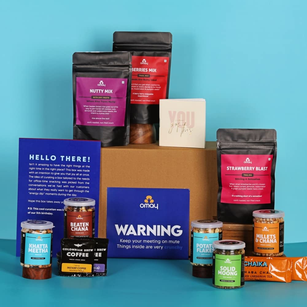 Omay Foods 9 to 5 Binge Box | Oil-Free, Non-Fried Snacks | Healthy Roasted Snack | Diary, Instant Drinks | Office Time, Evening Snack