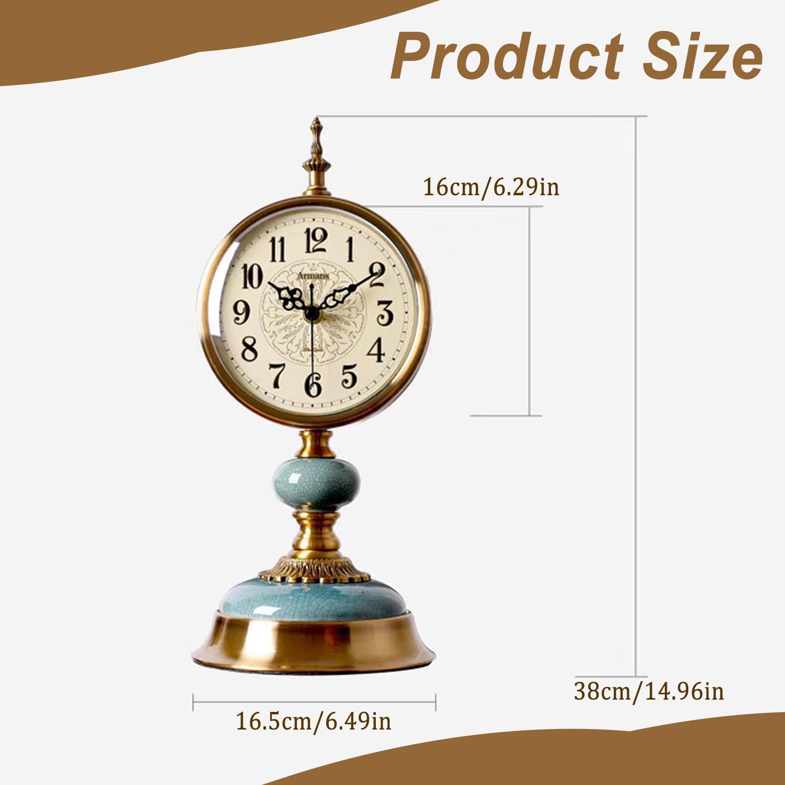 Vintage Tischuhr, Vintage Messing Standuhr, Antike Metall Schreibtischuhr batteriebetrieben, Antike Stille Uhr, Tischuhr aus Messing für Wohnzimmer, Regal, Kamin, Büro
