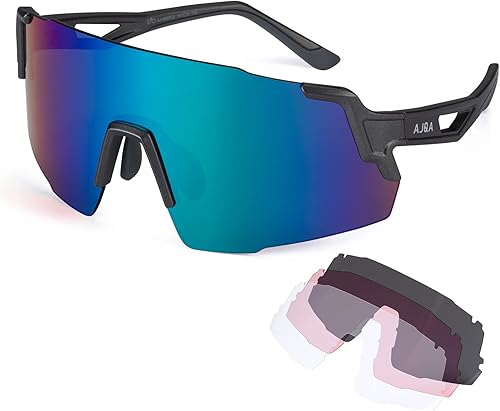 AJQA Gafas de sol deportivas de ciclismo con 4 lentes intercambiables, gafas de protección ocular UV 400
