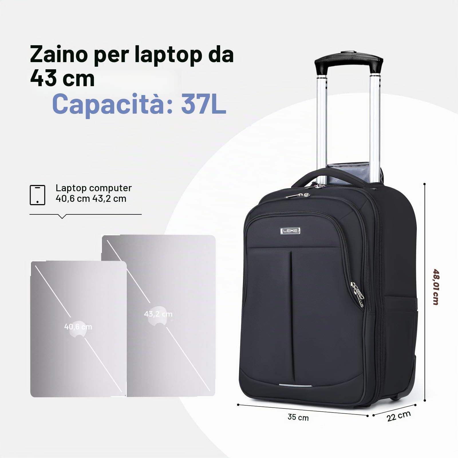 Zaino Trolley Viaggio, Porta PC 17 Pollici Bagaglio a Mano, Impermeabile Borsa da Viaggio con Ruote per Uomo e Donna, Scuola, Università, Viaggi, Università,Aereo Affari, Nero
