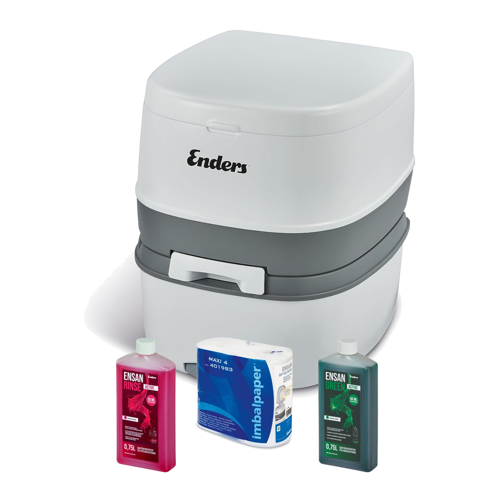 ENDERS SET WC CHIMICO PORTATILE SUPREME - Toilette Supreme Starter Set GREEN: Wc portatile pieghevole + 1L ENSAN GREEN + 1L ENSAN RINSE + 4 rotoli carta igienica - Per camper e campeggio - Bianco