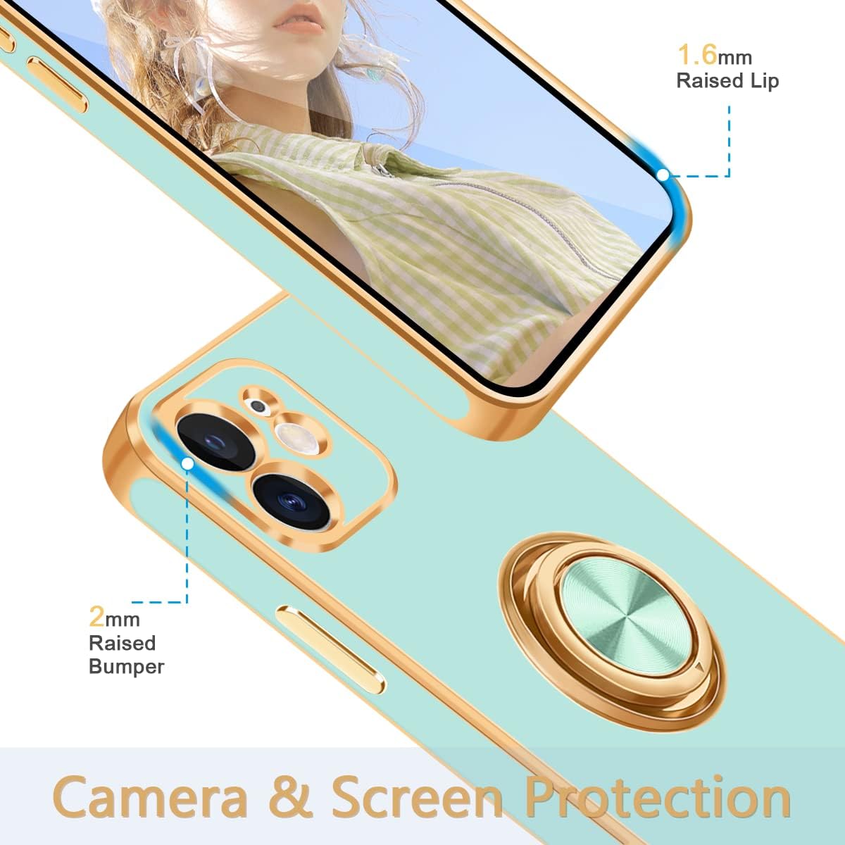 Fingic iPhone 12 Case, iPhone 12 Phone Case with Stand, [360° Rotatable Ring Holder Magnetic Kickstand] [Shiny Plating Gold Edge] Slim Soft TPU Shockproof Protective Case for Women Men, Teal/Gold