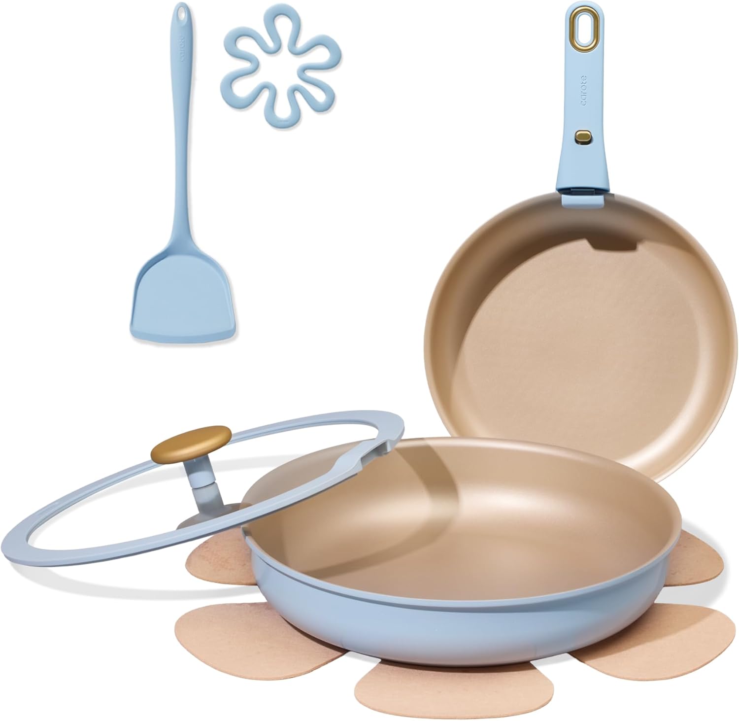 CAROTE Titanium Reinforced Nonstick Frying Pans Skillets 2 piece Set with Lids, Non-Stick Fry Pan Egg Pan with Detachable Handle, PFOS, PFOA Free, Induction Compatible(10-inch & 12-inch), Blue