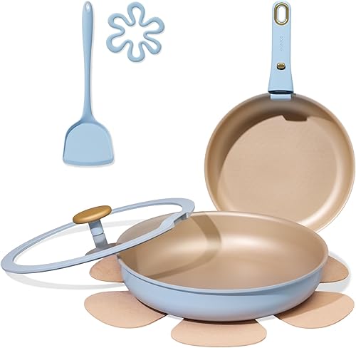 CAROTE Sartenes antiadherentes reforzados con titanio, juego de 2 piezas con tapas, sartén antiadherente con mango desmontable, PFOS, sin PFOA,