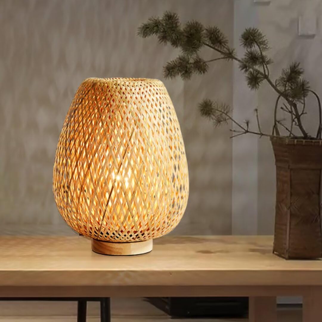 GUANSHAN Bamboo Woven Table Lamp Bamboo lampshade Zen Style Table Lighting Decorative Table Lighting Night Light for for Bedroom and Living Room