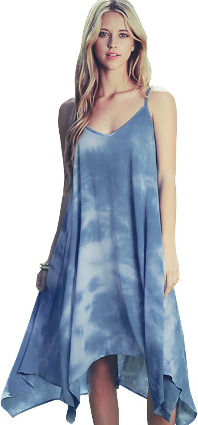 Trend Director Women's Tie Dye Asymmetric Hem Loose Strap Maxi Dress In Sky Blue, Pink, Black, Navy