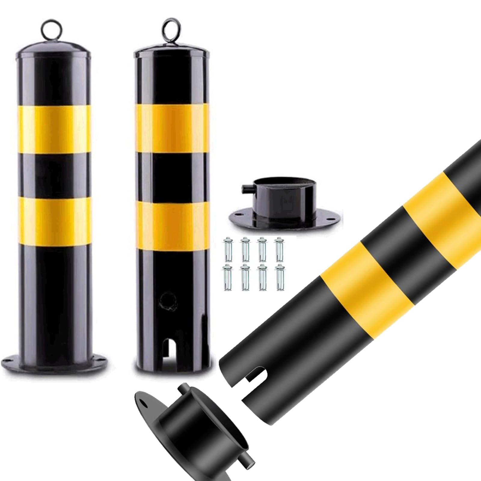 Cono de Seguridad, 2 bolardos de Seguridad Amarillos Desmontables - Postes de Seguridad de Acero con Cerradura para entradas de vehículos con Tiras Reflectantes y Pernos de Anclaje para Cont