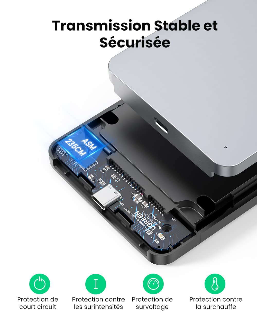 UGREEN USB C 3.1 Gen 2 Boîtier Externe 2,5 Pouces pour Disque Dur SATA III II I HDD SSD 7 mm 9,5 mm 6 to Max 6 Gbps UASP Boîtier en Aluminium Câble USB A vers USB C Inclus Installation sans Outil