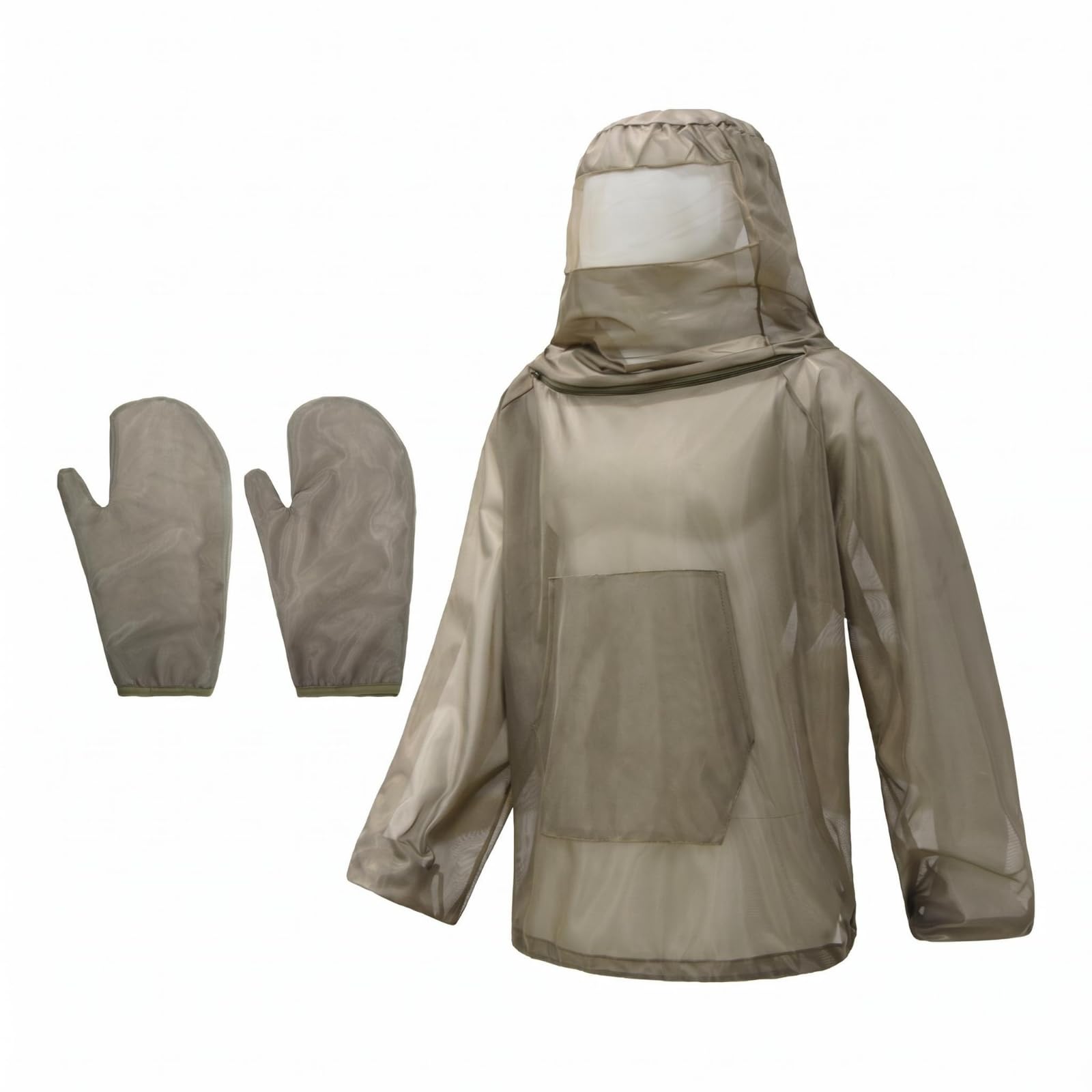 BNF®Long Sleeve Hooded Net Jacket with Front Pocket & Matching Gloves – Lightweight Mosquito Protection Top, Khaki, XL-XXL-image-39