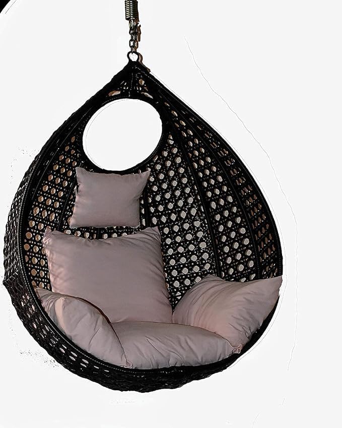 Image of Single Seater Egg Swing Chair with Stand & Cushion Outdoor Indoor Balcony Garden Patio,Powder Coated Frame,UV Protected Wicker (Black Beige)