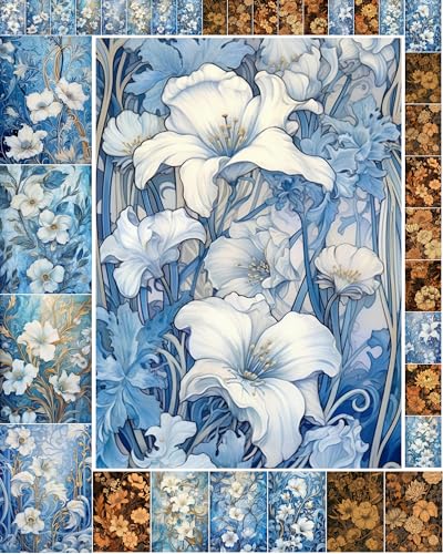 Decoupage Paper Pack (35 Sheets 6"x8") Beautiful Blue and Orange Illustrations of Pretty Fowers FLONZ Vintage Illustration Pictures Cards for Decoupage, Craft and Scrapbooking