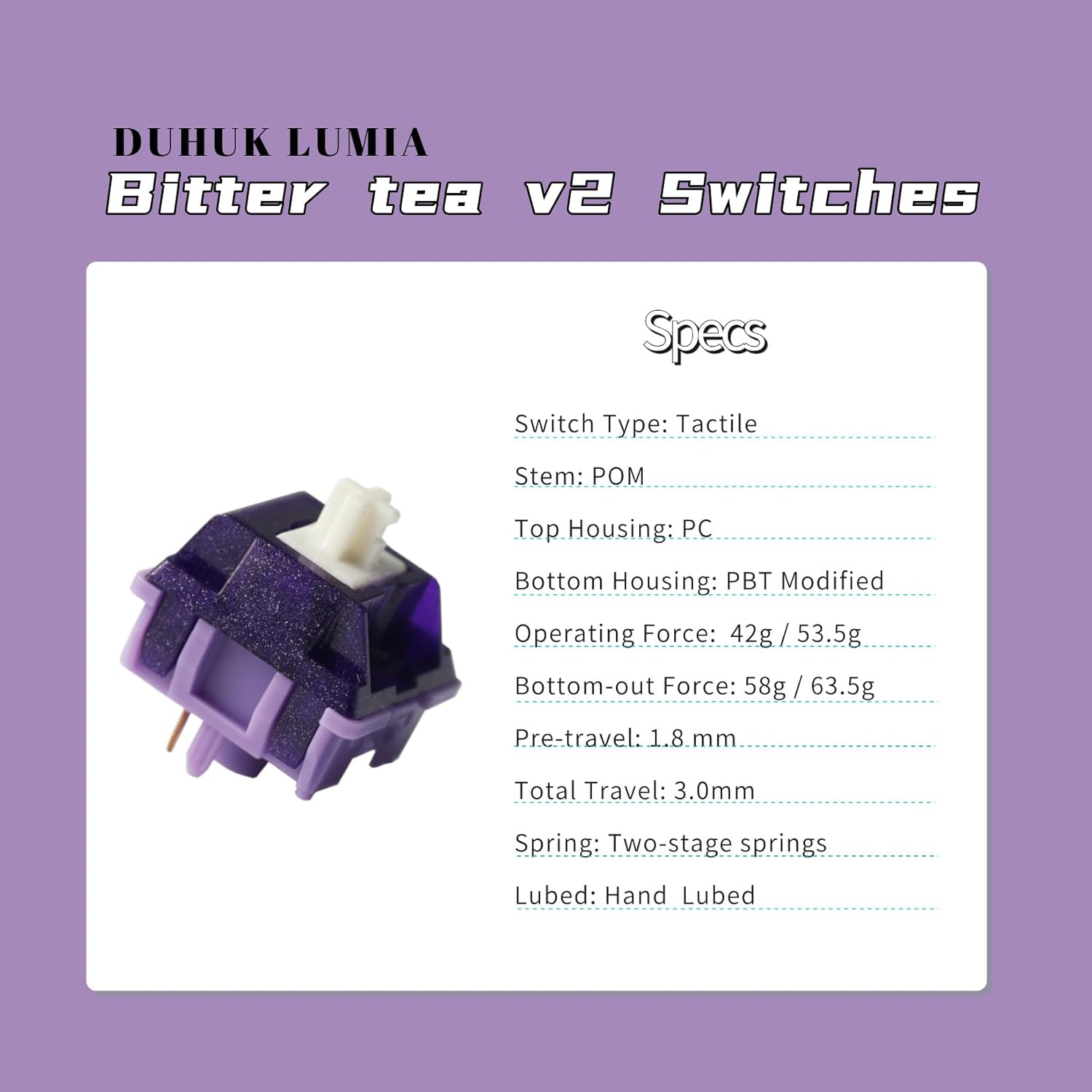 Duhuk Lumia Bitter Tea V2 Tactile Switches 70Pcs 5 Pin Hand Lubed 58g MX Switches for Mechanical Keyboard