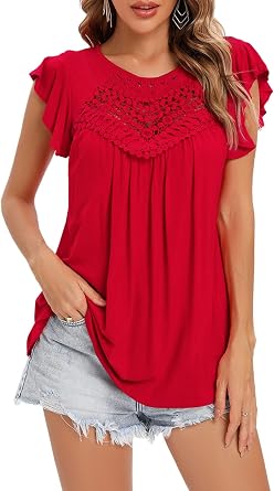 Womens Summer Tops Ruffle Short Sleeve Lace Pleated Blouses Casual Knit Shirts Tunic Tops