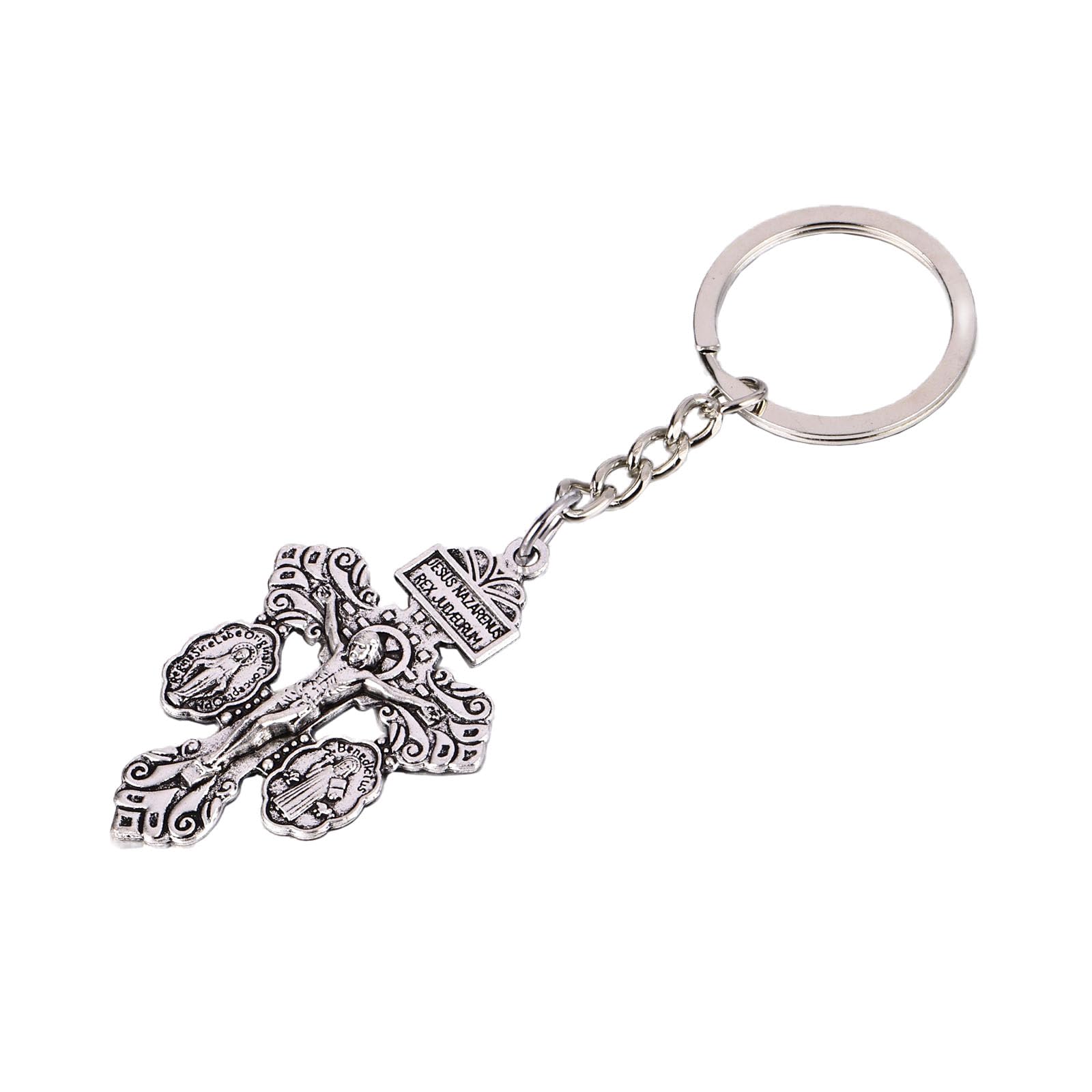 yonghong5pcs Metal Cruz Del Perdon Catolica Pardon Crucifix Pendant Key Ring with St Benedict Medals for DIY Making