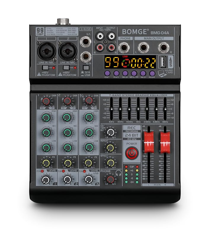BOMGE Table de mixage audio professionnelle 04 A, console de mixage avec USB/Bluetooth/ordinateur/entrée stéréo 4 canaux, 48 V, effet Phantom Digital 99 DSP...