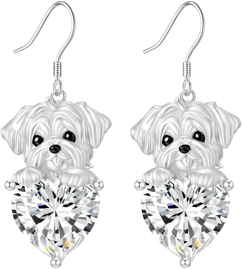 Decorative Dog Dangle Earrings, Blue Crystal Heart, Silver Shih Tzu Design