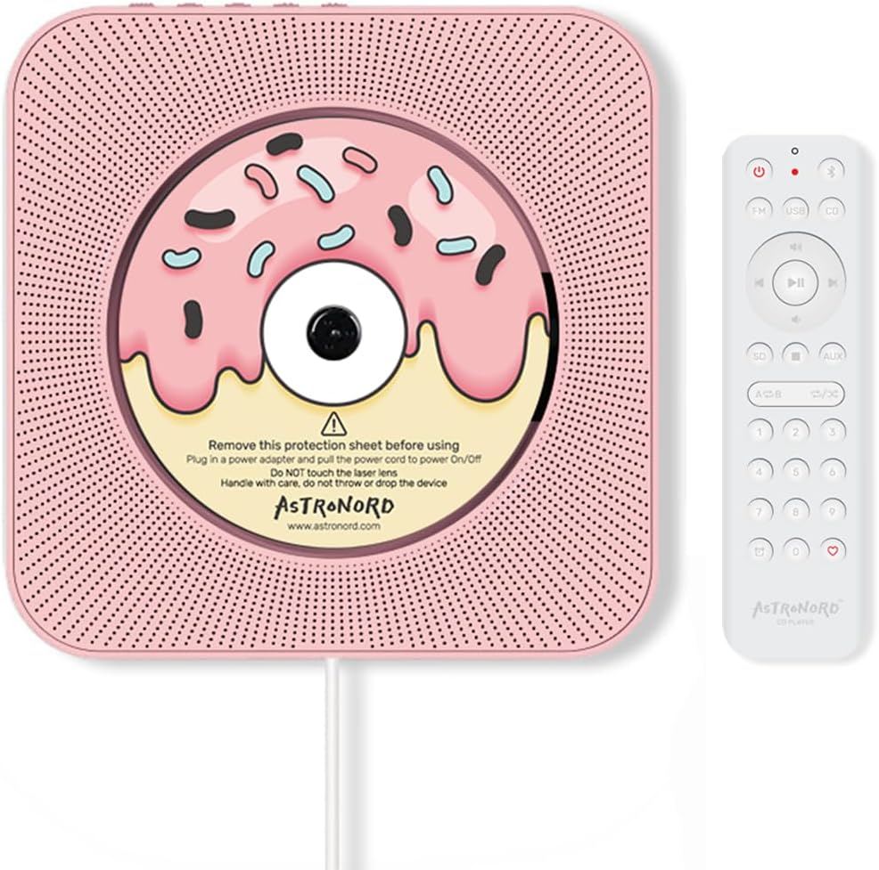 ASTRONORD Pink CD Player with Bluetooth, Wall Mountable