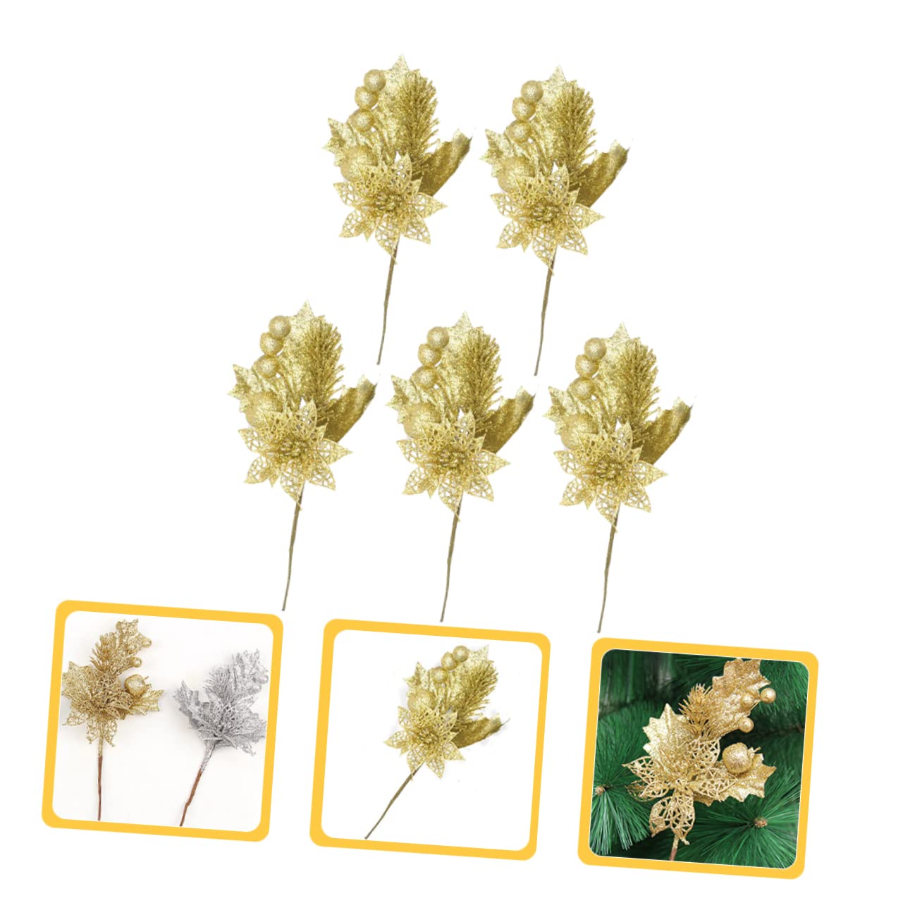 Zerodeko 15 Pz Talee tralcio natalizio decorazioni natalizie vetrine rami glitterati bastoncini ramoscelli steli di bacche di natale foglie artificiali plettri di ghirlande natalizie Golden