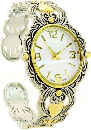 Miniatura 4 de 2Tone Metal Decorado Gran Cara Ovalada Mujer Brazalete Brazalete Reloj, plateado, Contemporáneo
