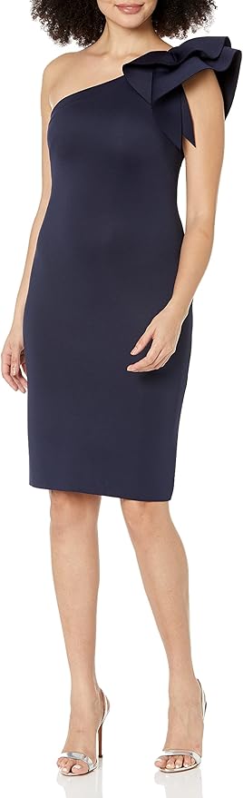 Eliza J Women's One Shoulder Scuba Cocktail Dress with Ruffle Sleeve, Navy,  6 at Amazon Women's Clothing store