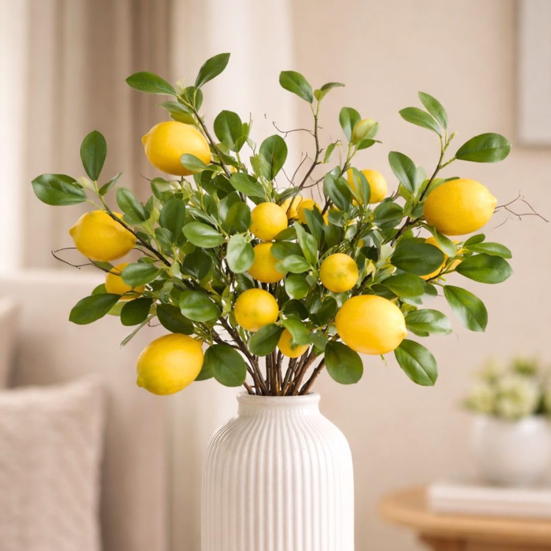 SATYAM KRAFT 3 Pcs Artificial Flower Lemon Sticks | Flowers for Vases Decoration, Home Decor, Living Room, Table Decoration, Office, Bedroom, Without Pot | Decorative Stems (Lemon) (Without Pot)