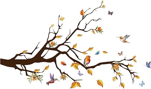ADECNS Pegatinas de pared de pájaros amarillos en ramas de árbol largas, removibles, creativas ramas de árbol, calcomanías de pared, bonitos