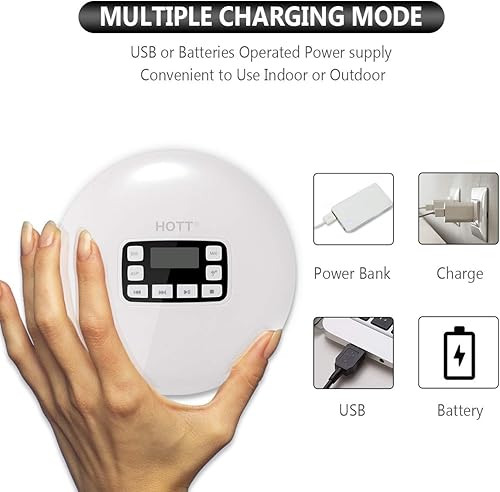 Miniatura 6 de HOTT CD611T Reproductor de CD Bluetooth V5.0 portátil con auriculares estéreo Cable USB a prueba de golpes Walkman Reproductor de CD personal