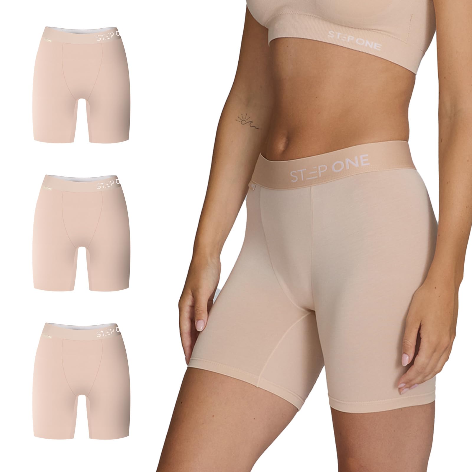 STEP ONE Womens Boxers Underwear Multipack, 3 Pairs, Moisture-Wicking Boxer and Chafe-Reducing Underwear Nude Sand Small