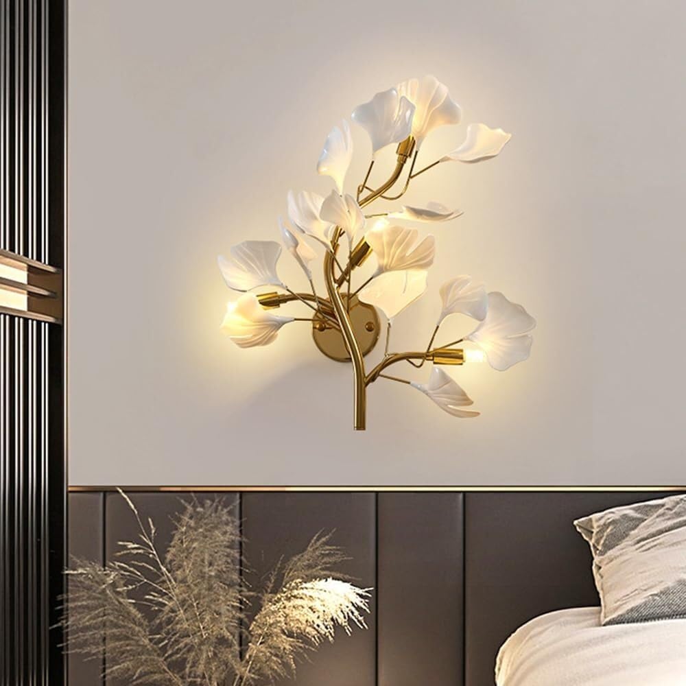 Creative Nordic Simple Metal Wall Lamp Ginkgo Leaf Acrylic Decor Wall Light G9 French Bedroom Wall Sconce Bedside Night Lamp for Living Room Study Room Hallway Stairs Hall Wall Lantern