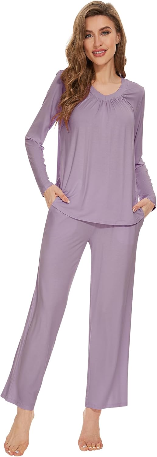 WiWi Womens Pajamas Set Sleepwear Loungewear Long Sleeve Pajama Sets Soft Pjs Viscose from Bamboo 2 Piece PJ S-XXL