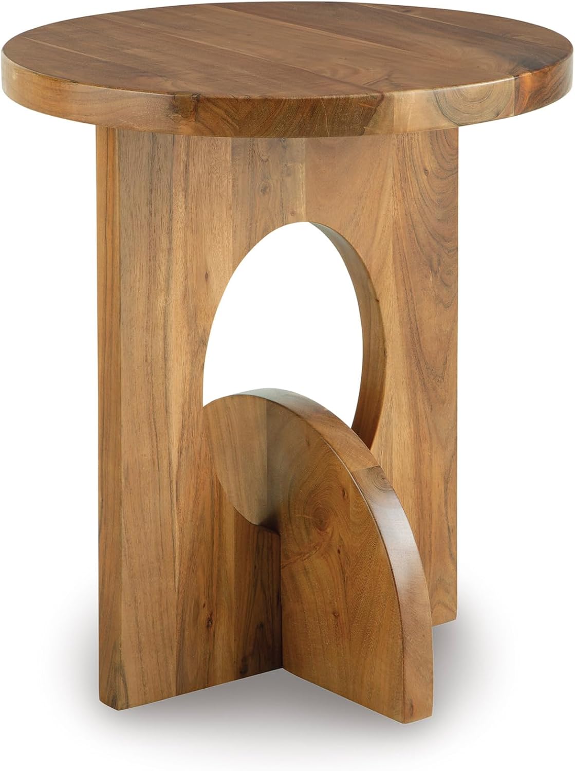Signature Design by Ashley Round End Table, Acacia Wood | Modern geometric cross base, Light brown finish, 28 lbs weight, Easy assembly, Living room use, Hollbourne Series