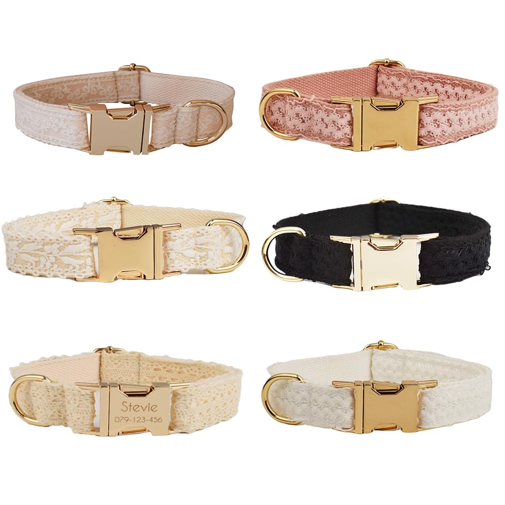 Kiyanest Personalised Lace Dog Collar, Adjustable Custom Pet Collar with Name and Phone Number, Elegant Textured Pet Collar, Collar Flower or Matching Set Options