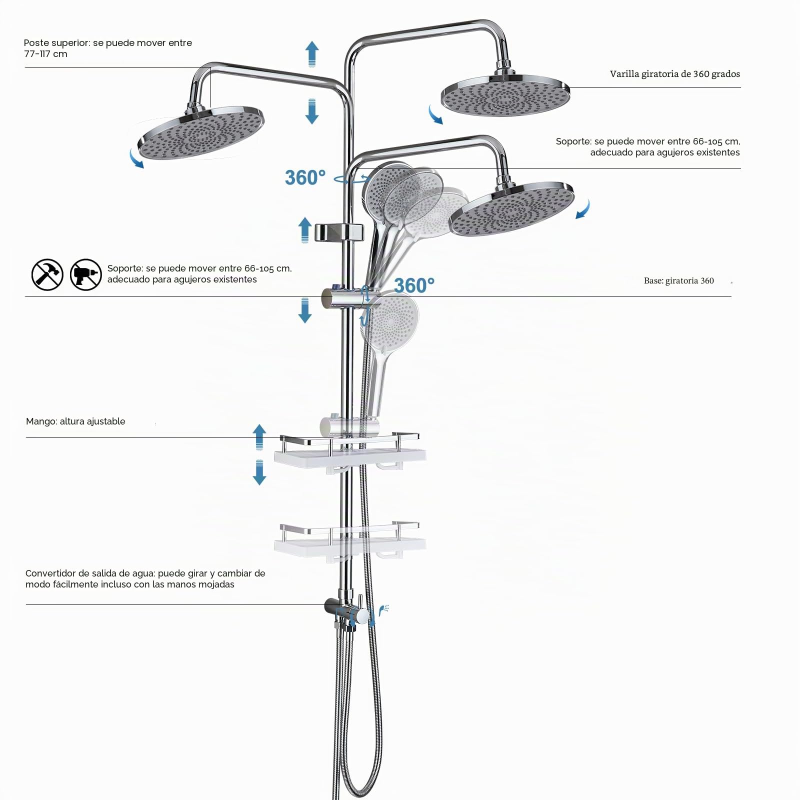 Columna Ducha Cromo, Sistema de Ducha Altura Regulable, Columna de ducha con ducha de mano