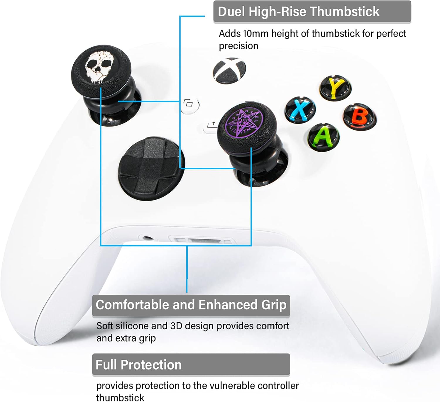 FPS Thumbstick Extender x 2 & Printing Rubber Silicone Grip Cover x 4 for Xbox Series X/S & Xbox One Controller(Ghost White&Demon Purple)