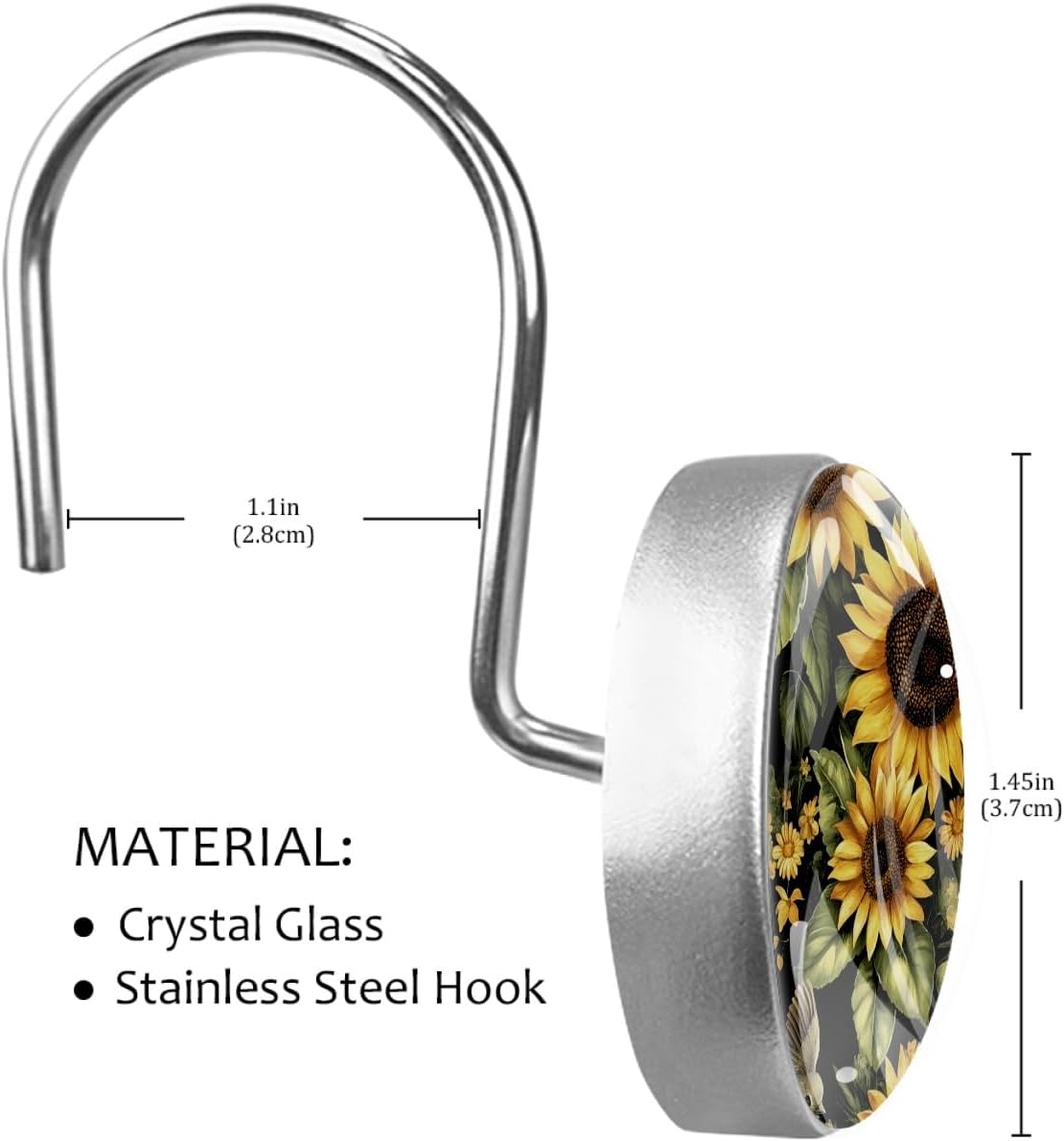 Sunflower 12Pcs Decorative Shower Curtain Hooks, Animal Art Design Rust Resistant Shower Curtain Rings, Stainless Steel Round Curtain Rods Hooks for Bathroom, Kitchen, Bedroom
