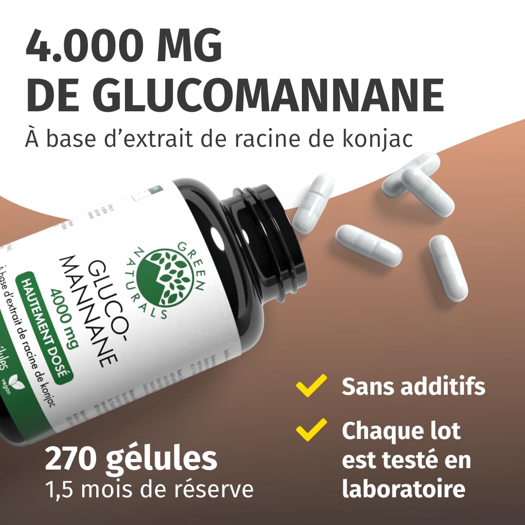 Glucomannane Gélules VEGAN – 4000 mg glucomannane par dose journalière – Extrait de konjac (4200 mg) – 270 gélules pour 45 jours – Sans additifs – Green Naturals®