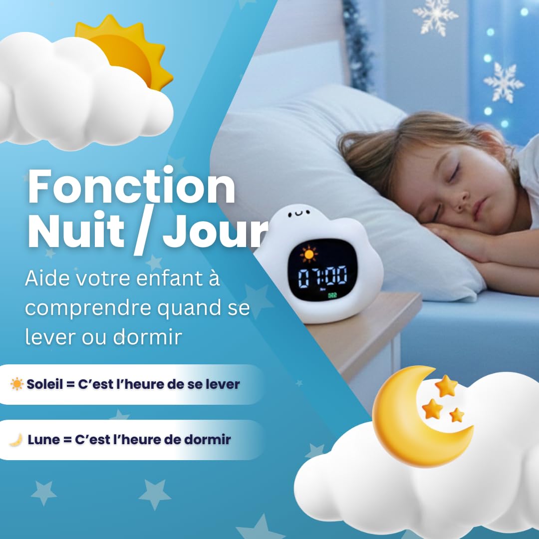 Sveglio bambino educativo giorno/notte - luce notturna per bambini musicale e luminosa, 4 anni di luminosità, orologio educativo con musica rilassante, rumore bianco, decorazione per camera da letto