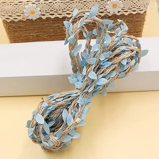 DIHAN 20m(66 feet) Burlap Leaf Ribbon Natural Jute Twine Artificial Leaves Ribbon for Crafts Jungle Safari Party Wedding Birthday Garden Braided Vine Gift Wrapping Blue (STC3 Light Blue)